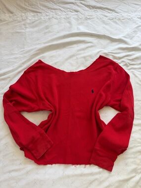 Ralph Lauren Bright Red Off The Shoulder Waffle Knit Boatneck Top